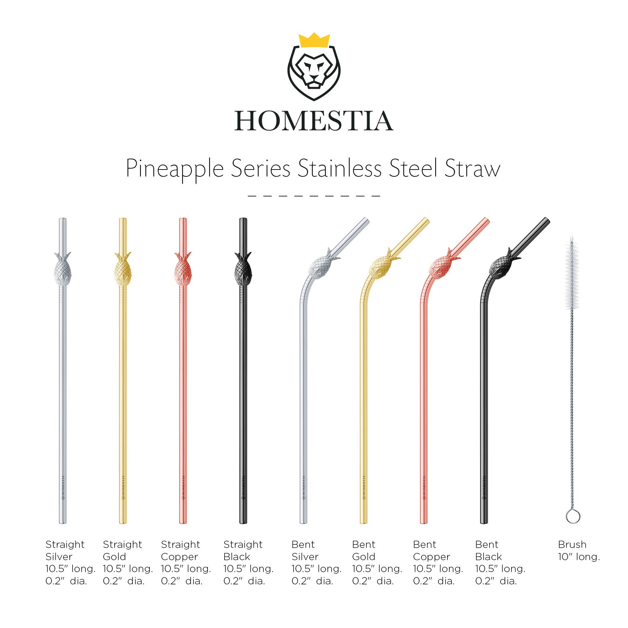 Homestia Reusable Metal Straws with Pineapple Top 10.5" Stainless Steel Straws-8Pcs Drinking Straws for 20 & 30 oz Tumbler-4 Straight+4 Bent+2 Cleaning Brushes+1 Pouch