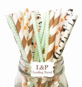 charmed forest woodland animal theme paper straw in brown stripe green, orange and ash print