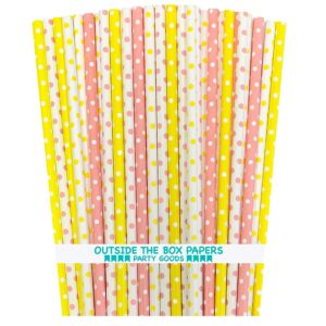 pink yellow and white paper straws - polka dot - pink lemonade, birthday, baby shower, easter party supply - 100 pack outside the box papers brand