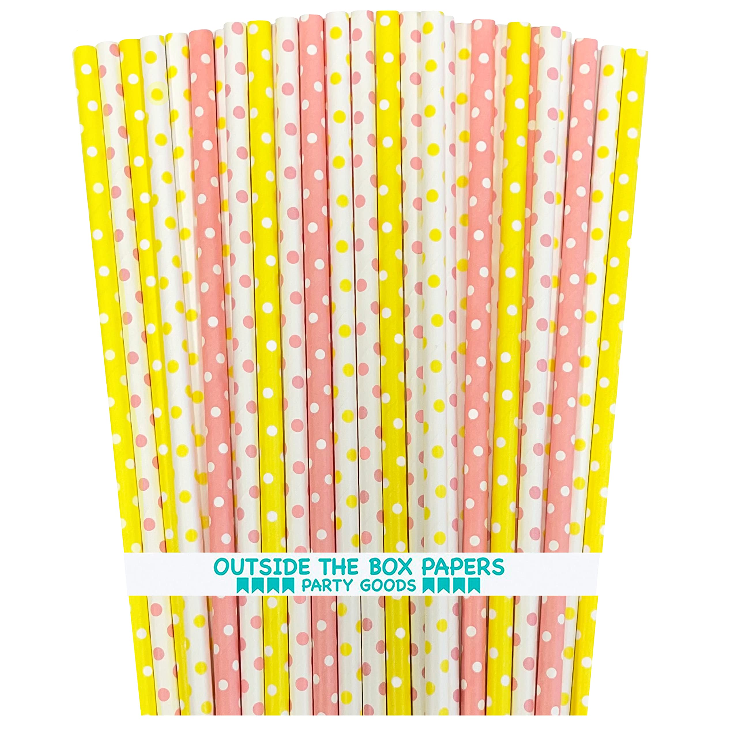 Pink Yellow and White Paper Straws - Polka Dot - Pink Lemonade, Birthday, Baby Shower, Easter Party Supply - 100 Pack Outside the Box Papers Brand