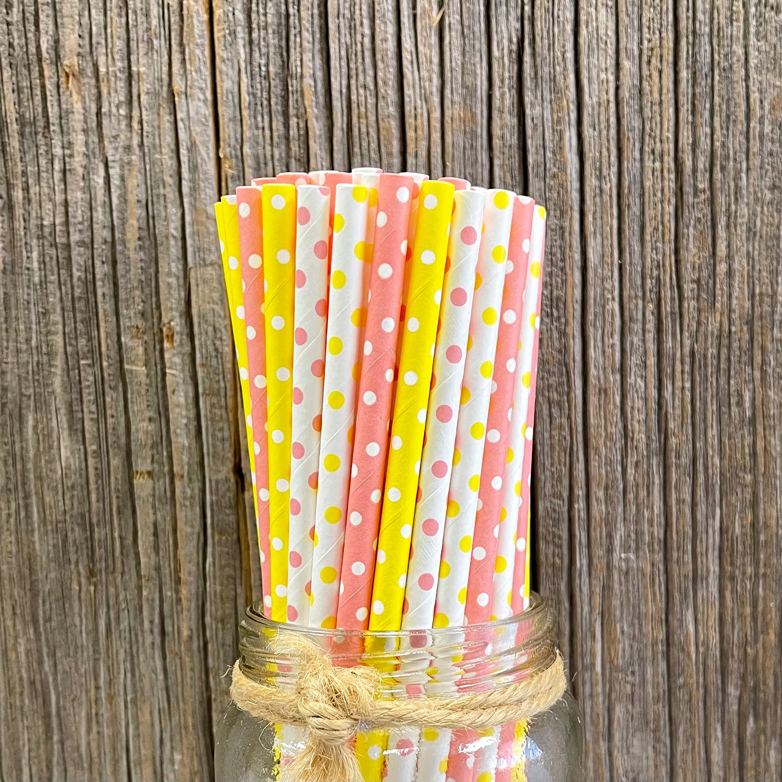 Pink Yellow and White Paper Straws - Polka Dot - Pink Lemonade, Birthday, Baby Shower, Easter Party Supply - 100 Pack Outside the Box Papers Brand