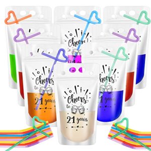 24 sets drink pouches with straws cheer to 21 years reclosable plastic juice pouches translucent drink bags hand held disposable beverage bags for adults drinks beverage liquor party favors, 17 oz