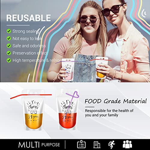 24 Sets Drink Pouches with Straws Cheer to 21 Years Reclosable Plastic Juice Pouches Translucent Drink Bags Hand Held Disposable Beverage Bags for Adults Drinks Beverage Liquor Party Favors, 17 oz