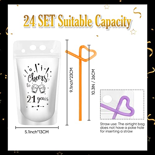 24 Sets Drink Pouches with Straws Cheer to 21 Years Reclosable Plastic Juice Pouches Translucent Drink Bags Hand Held Disposable Beverage Bags for Adults Drinks Beverage Liquor Party Favors, 17 oz