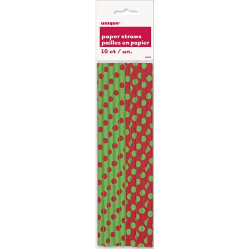 Red & Green Polka Dot Christmas Paper Straws, 10ct