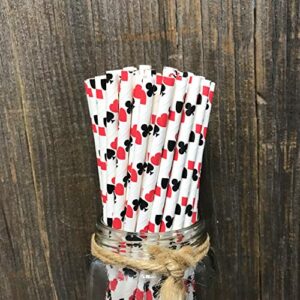 Casino Card Night Theme Paper Straws - Ace, Spade, Heart, Diamond Card Design - Black Red White - Pack of 100 - Outside the Box Papers Brand