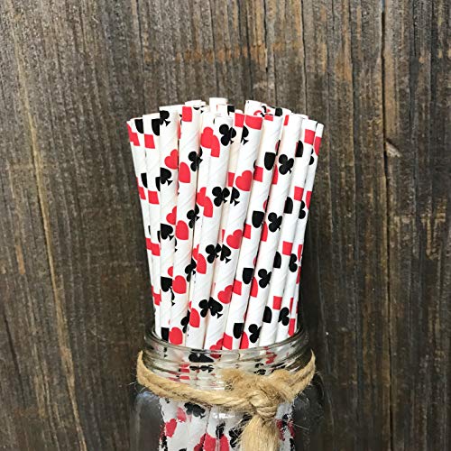 Casino Card Night Theme Paper Straws - Ace, Spade, Heart, Diamond Card Design - Black Red White - Pack of 100 - Outside the Box Papers Brand