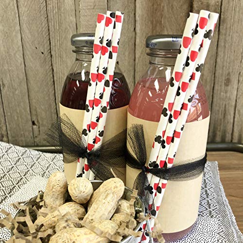 Casino Card Night Theme Paper Straws - Ace, Spade, Heart, Diamond Card Design - Black Red White - Pack of 100 - Outside the Box Papers Brand