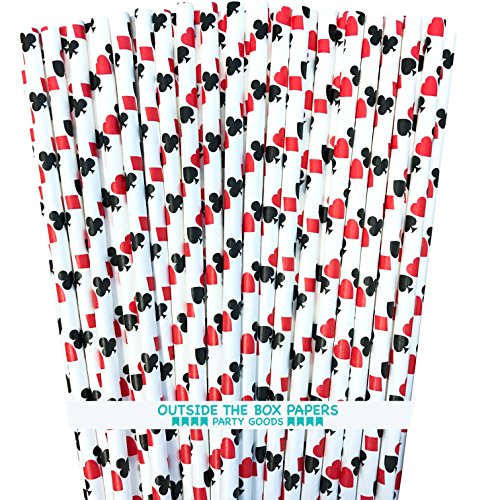 Casino Card Night Theme Paper Straws - Ace, Spade, Heart, Diamond Card Design - Black Red White - Pack of 100 - Outside the Box Papers Brand