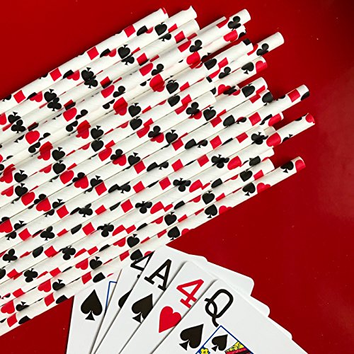 Casino Card Night Theme Paper Straws - Ace, Spade, Heart, Diamond Card Design - Black Red White - Pack of 100 - Outside the Box Papers Brand