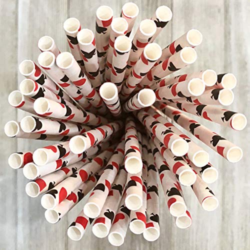 Casino Card Night Theme Paper Straws - Ace, Spade, Heart, Diamond Card Design - Black Red White - Pack of 100 - Outside the Box Papers Brand