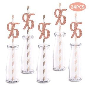 Rose Happy 95th Birthday Straw Decor, Rose Gold Glitter 24pcs Cut-Out Number 95 Party Drinking Decorative Straws, Supplies