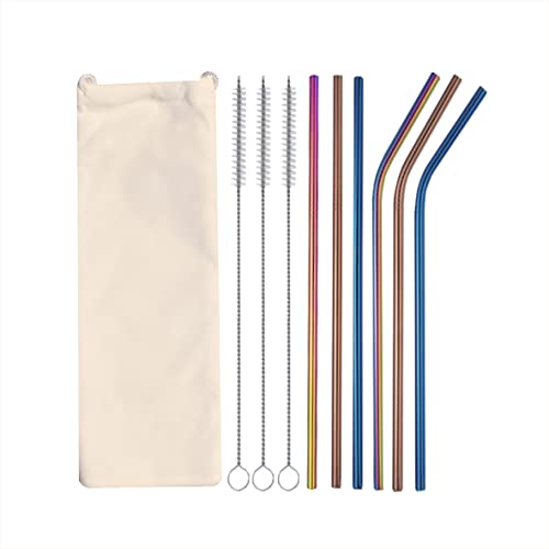 Stainless steel color straws, food grade metal straws, color straws, cold and hot drinking food grade straws, 1 portable bag, 3 direct straws, 3 curved straws and 3 cleaning brushes (colour)