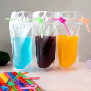 100 pcs drink pouches with 100 straws, juice pouches translucent reclosable zipper plastic pouches smoothie drink bags for adults and kids,17oz(500ml)