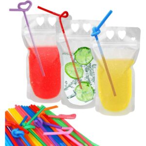 100 Pcs Drink Pouches with 100 Straws, Juice Pouches Translucent Reclosable Zipper Plastic Pouches Smoothie Drink Bags for Adults and Kids,17oz(500ML)