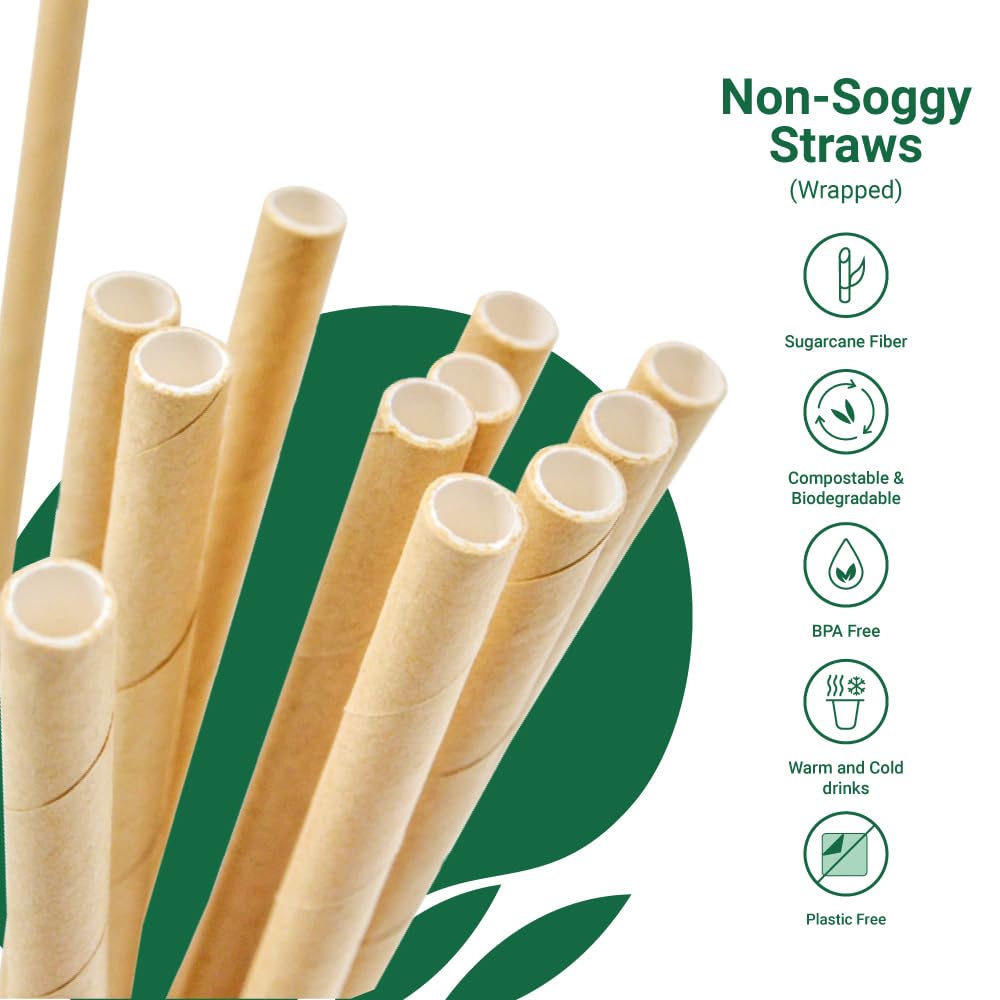 Individually Wrapped 8" Diameter No-Sog Straws|Heavy Duty,100% Biodegradable,Plastic Free|Made of Plant-Based Sugarcane|Compostable Straws|Pack of 100