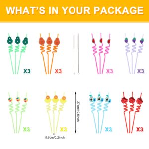 Whaline 24Pcs Fruit Theme Plastic Straws Colorful Hawaii Beach Straws Reusable Shape Drinking Straws for Juices Shakes Summer Baby Shower Pool Beach Cocktail Party Supplies with 2 Cleaning Brush