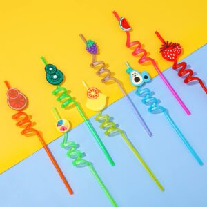 Whaline 24Pcs Fruit Theme Plastic Straws Colorful Hawaii Beach Straws Reusable Shape Drinking Straws for Juices Shakes Summer Baby Shower Pool Beach Cocktail Party Supplies with 2 Cleaning Brush