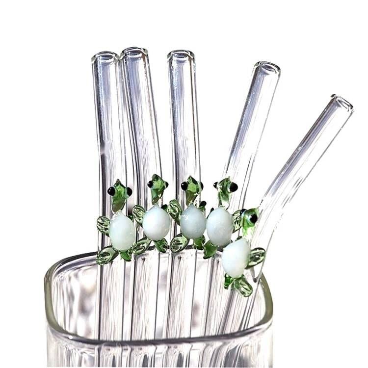 5pcs Glass Straws with Cute Turtle Bent Drinking Straws Stirring Sticks Reusable Glass Straws for Drinks Coffee Juice