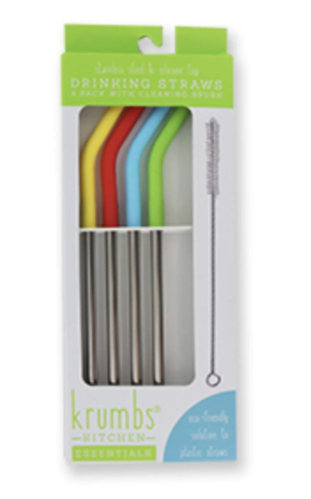 Krumbs Kitchen 4 Pack Reusable Stainless Steel Straws with Silicone Tips W/Cleaning Brush