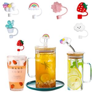 6pcs straw cover cap reusable silicone straw toppers - cute dust-proof drinking straw tips lids for 6-8mm straws - strawberry, rainbow, cloud, cactus, pink sakura (straw covers cap 6 in 1)