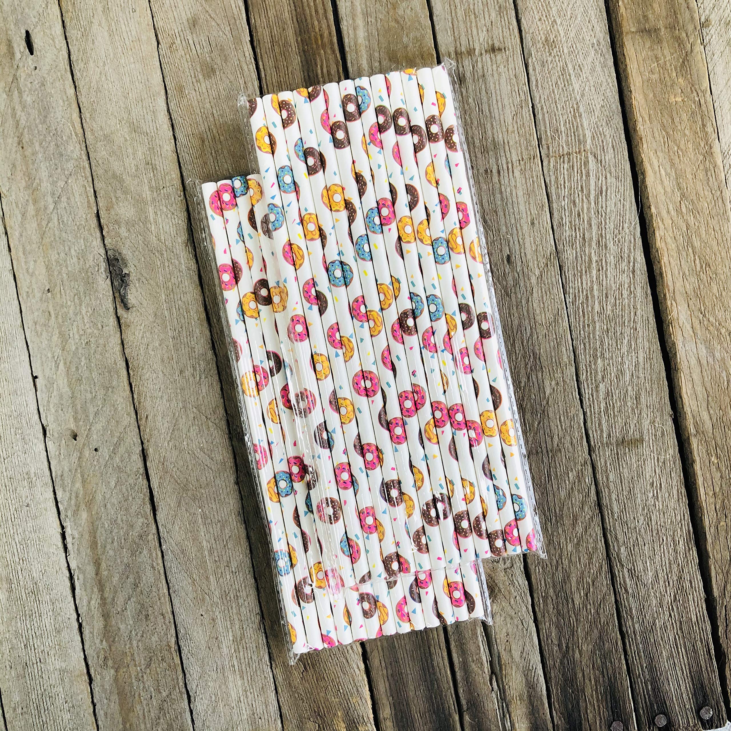 Doughnut Themed Paper Straws - Donut Colors Pink Blue Yellow - 50 Pack