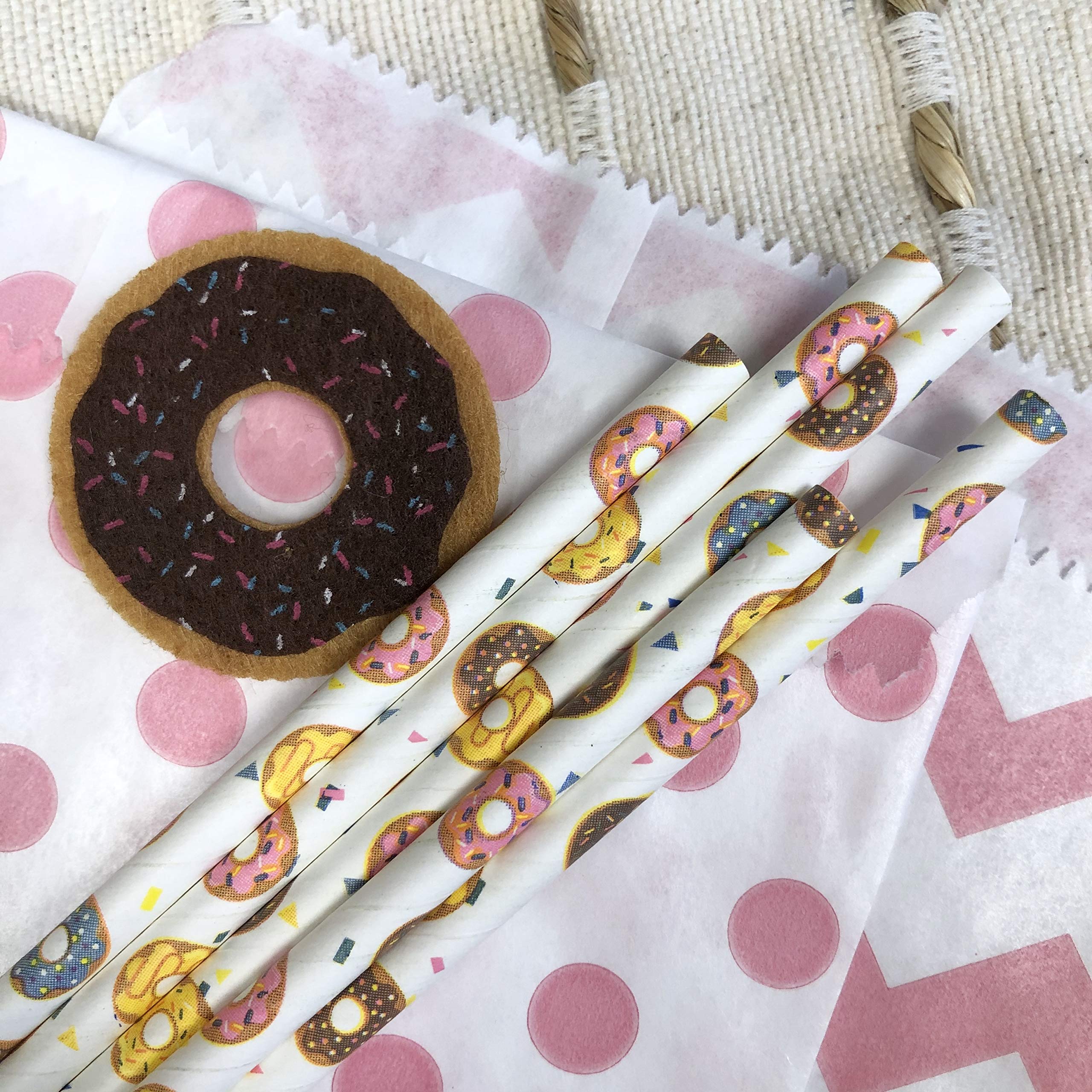 Doughnut Themed Paper Straws - Donut Colors Pink Blue Yellow - 50 Pack