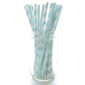 Baby Boy Blue Baby Shower Straws (25 Pack) - Baby Shower Supplies, Boy Birthday Party Straws, Stripe Chevron & Polka Dot Light Blue Paper Straws