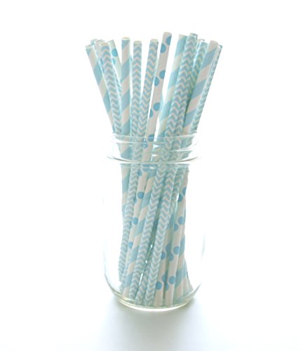 Baby Boy Blue Baby Shower Straws (25 Pack) - Baby Shower Supplies, Boy Birthday Party Straws, Stripe Chevron & Polka Dot Light Blue Paper Straws