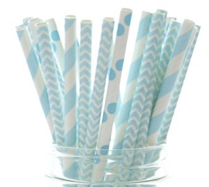 baby boy blue baby shower straws (25 pack) - baby shower supplies, boy birthday party straws, stripe chevron & polka dot light blue paper straws