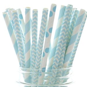 Baby Boy Blue Baby Shower Straws (25 Pack) - Baby Shower Supplies, Boy Birthday Party Straws, Stripe Chevron & Polka Dot Light Blue Paper Straws