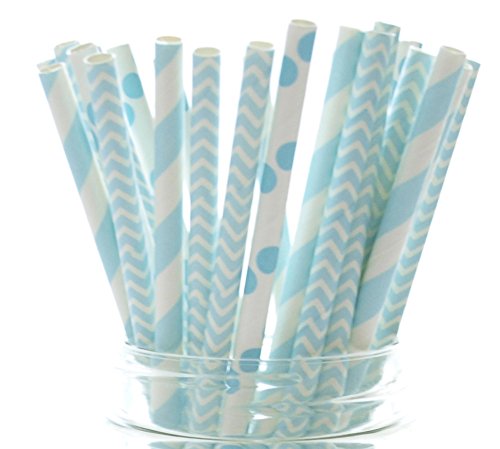 Baby Boy Blue Baby Shower Straws (25 Pack) - Baby Shower Supplies, Boy Birthday Party Straws, Stripe Chevron & Polka Dot Light Blue Paper Straws