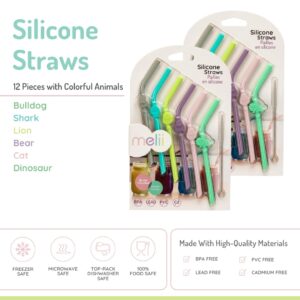 melii Reusable Silicone Animal Straws for Kids with Cleaning Brush – BPA Free, Dishwasher & Microwave Safe (12 Straws)