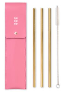 kate spade new york reusable straws with case, metal straw set of 3 with cleaner brush, pink colorblock