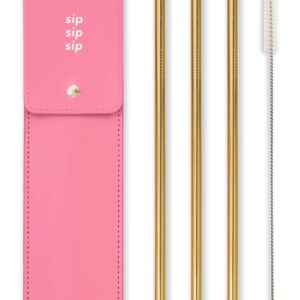Kate Spade New York Reusable Straws with Case, Metal Straw Set of 3 with Cleaner Brush, Pink Colorblock