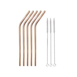 Metal Drinking Straws - 5 Rose Gold Reusable Bent Straws with 3 Cleaning Brushes - Copper Plated Stainless Steel for Moscow Mule and More