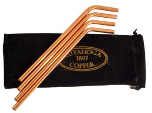set of 4 - bent pure copper drinking straws in black velvet bag with cleaning brush. part of the 1897 collection from cuyahoga copper