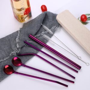 Hoshen 7-Piece Purple Stainless Steel Straw Spoon Set, 8.5 Inch Reusable Straw, With Carrying Case (3 Straws/2 Straws Spoon/2 Brushes)