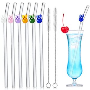 6 pcs reusable glass straws, cute bunny on clear straws with design 7.9 in x 8 mm colorful shatter resistant bent drinking straws with 2 cleaning brushes for beverages, shakes, juices, cocktails