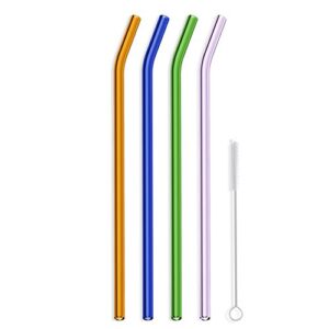 hummingbird glass straws 12" x 9.5 mm bent reusable straw (4 pack of orange - blue - green - purple)