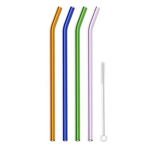 Hummingbird Glass Straws 12" X 9.5 mm Bent Reusable Straw (4 Pack of Orange - Blue - Green - Purple)