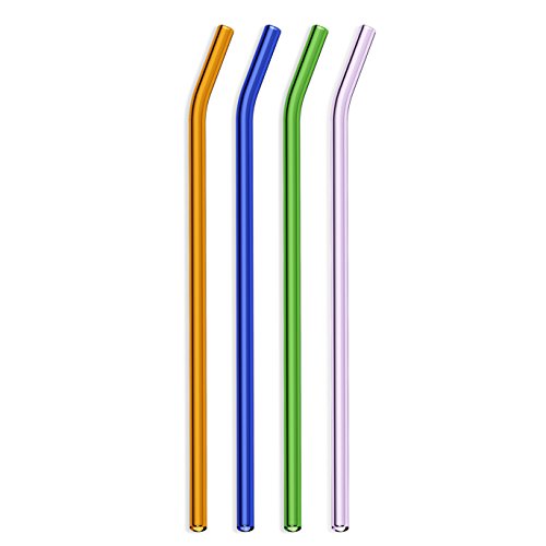 Hummingbird Glass Straws 12" X 9.5 mm Bent Reusable Straw (4 Pack of Orange - Blue - Green - Purple)