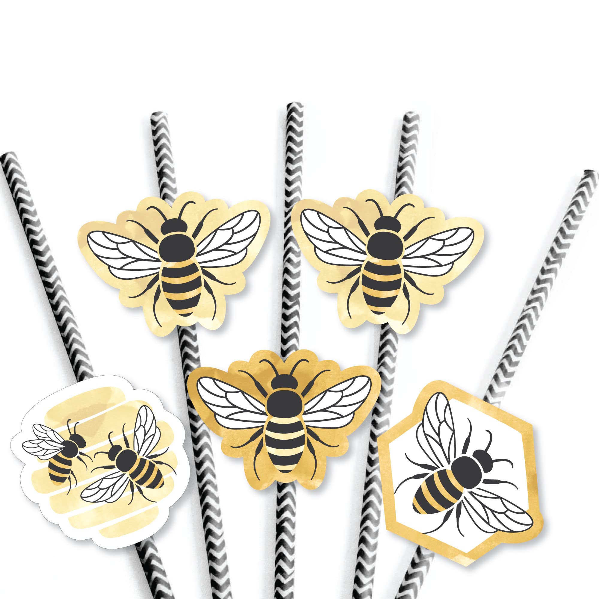 Big Dot of Happiness Little Bumblebee - Paper Straw Decor - Bee Baby Shower or Birthday Party Striped Decorative Straws - Set of 24