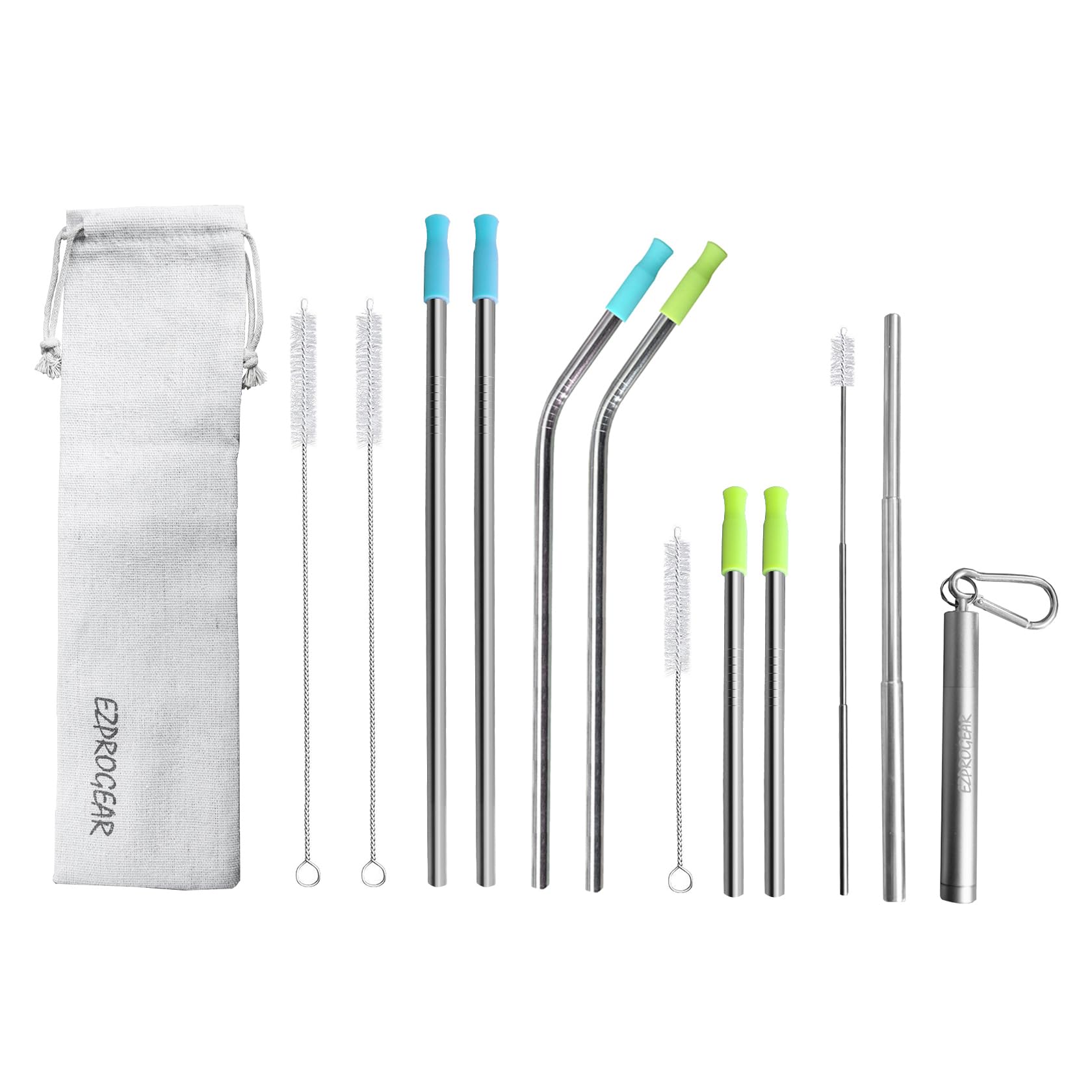 Ezprogear Metal Stainless Steel Wide Straws with Silicone Tips Collapsible Straw and 8mm Reusable Drinking Straw (1 Collapsible + 2 Long + 2 Long Bent + 2 Short)