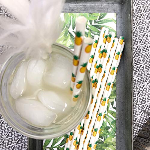 Pineapple Theme Paper Straws - Yellow Green White - Hawaiian Luau - 7.75 Inches - 100 Pack - Outside the Box Papers Brand