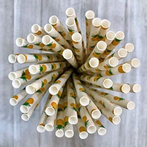 Pineapple Theme Paper Straws - Yellow Green White - Hawaiian Luau - 7.75 Inches - 100 Pack - Outside the Box Papers Brand