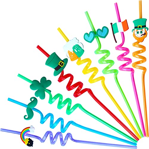 24pcs St. Patrick’s Day Party Favors, Reusable Shamrock Rainbow Hat moustache Ireland Flag Drinking Straws for Lucky Irish Party Saint Paddys Day Party Supplies