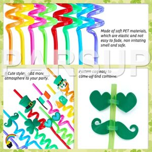 24pcs St. Patrick’s Day Party Favors, Reusable Shamrock Rainbow Hat moustache Ireland Flag Drinking Straws for Lucky Irish Party Saint Paddys Day Party Supplies