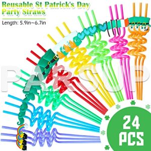 24pcs St. Patrick’s Day Party Favors, Reusable Shamrock Rainbow Hat moustache Ireland Flag Drinking Straws for Lucky Irish Party Saint Paddys Day Party Supplies