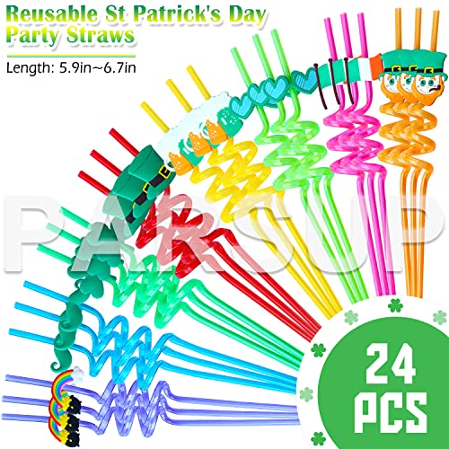 24pcs St. Patrick’s Day Party Favors, Reusable Shamrock Rainbow Hat moustache Ireland Flag Drinking Straws for Lucky Irish Party Saint Paddys Day Party Supplies